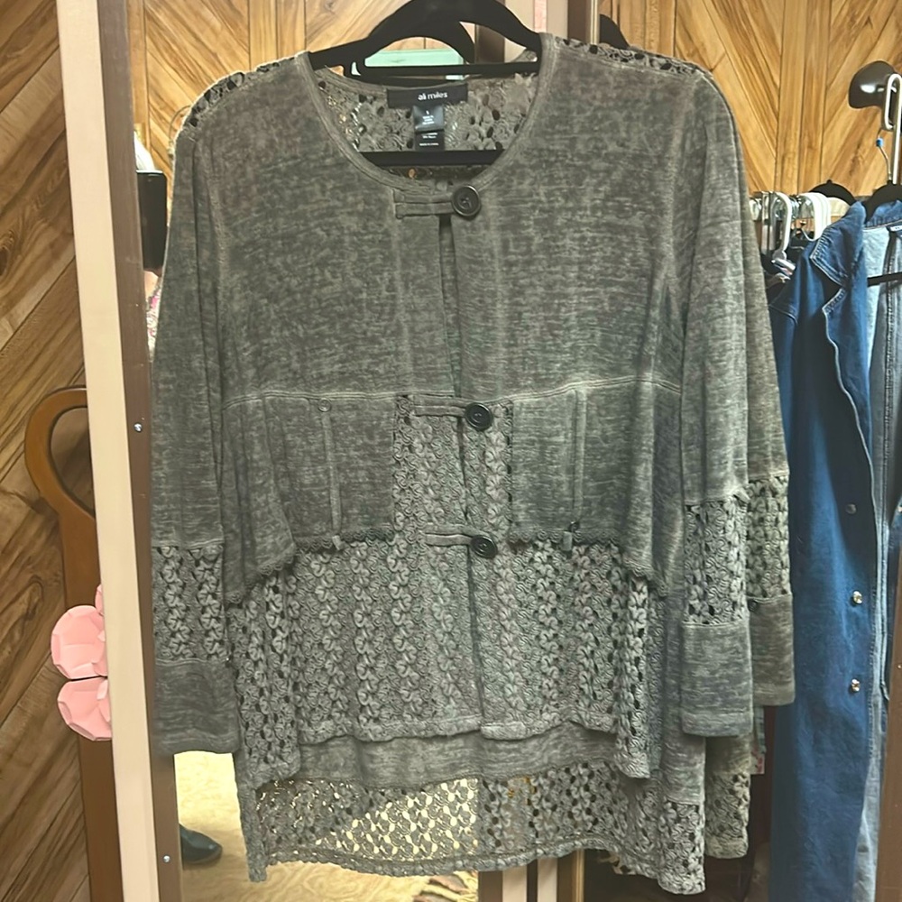 Ali Miles Large Button Cardigan women’s Large Charcoal Gray Fabric Crochet BOHO